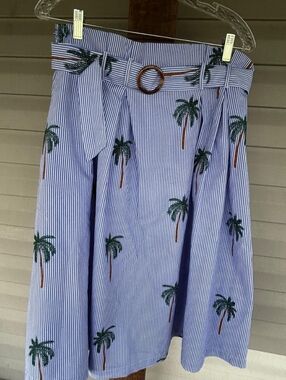 Blue Striped Palm-Print Belted A-Line Midi Skirt